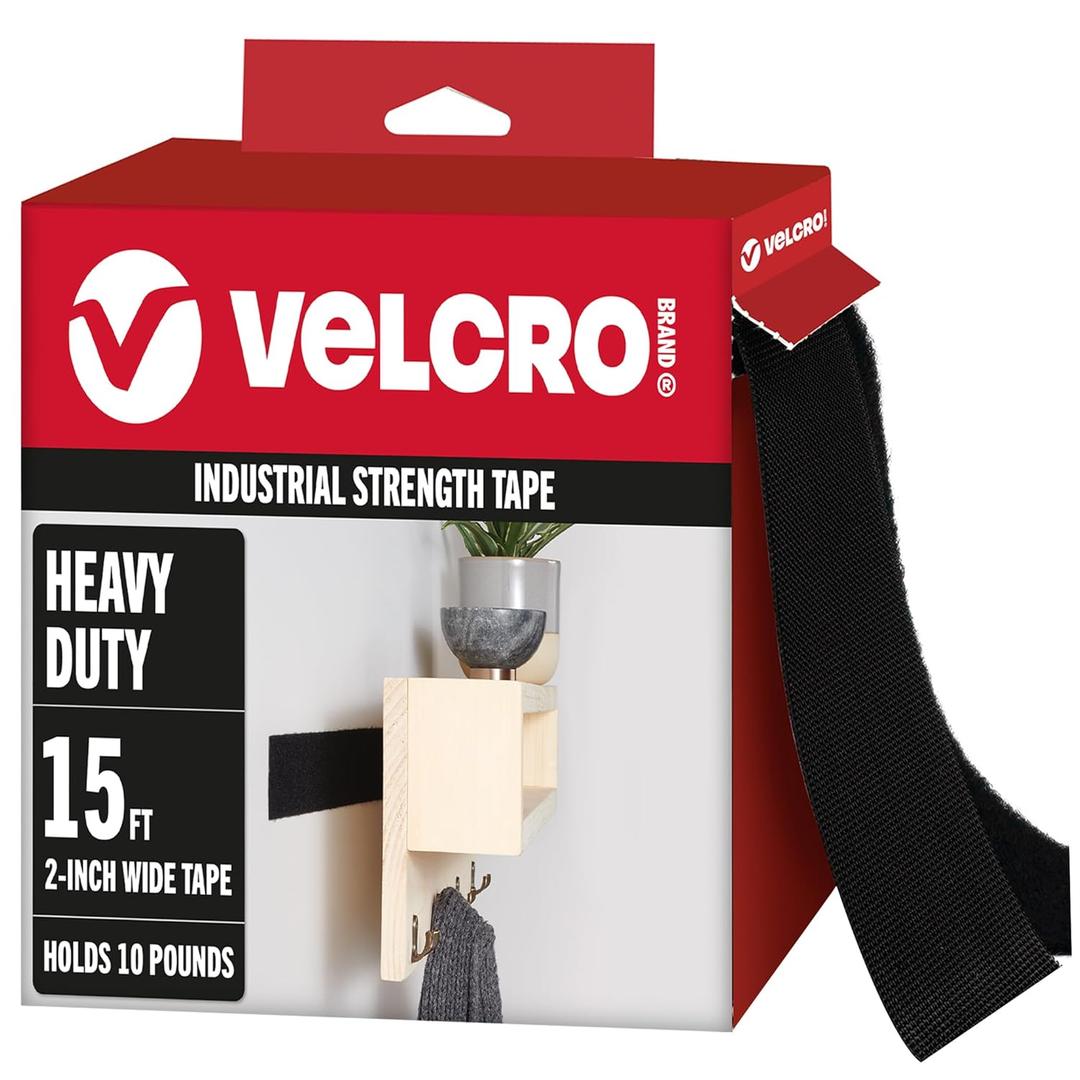 VELCRO Brand Heavy Duty Tape with Adhesive | 15 Ft x 2 In | Holds 10 lbs, Black | Industrial Strength Roll, Cut Strips to Length | Strong Hold for Indoor or Outdoor Use, 15ft x 2in