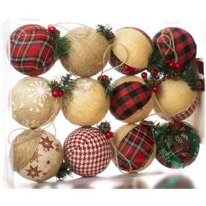 Burlap Christmas Hanging Ornaments, Farmhouse Rustic Christma Decorations, Natural Jute Ball Ornaments for Xmas Holiday Party Home Decor 12Pcs (Red)