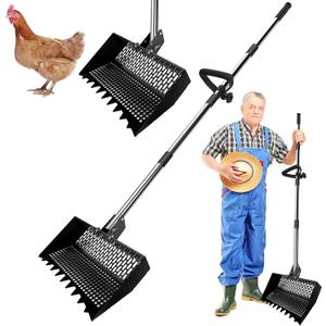 Adjustable Angle Chicken Poop Scooper for Sand, Litter, Coffee Upgrade Mesh Partition  Chicken Coop Scoop with Wide 11.8" Metal Head,Built-In Rake and Hook, Durable Support Brackets for Easy Cleaning (Black)