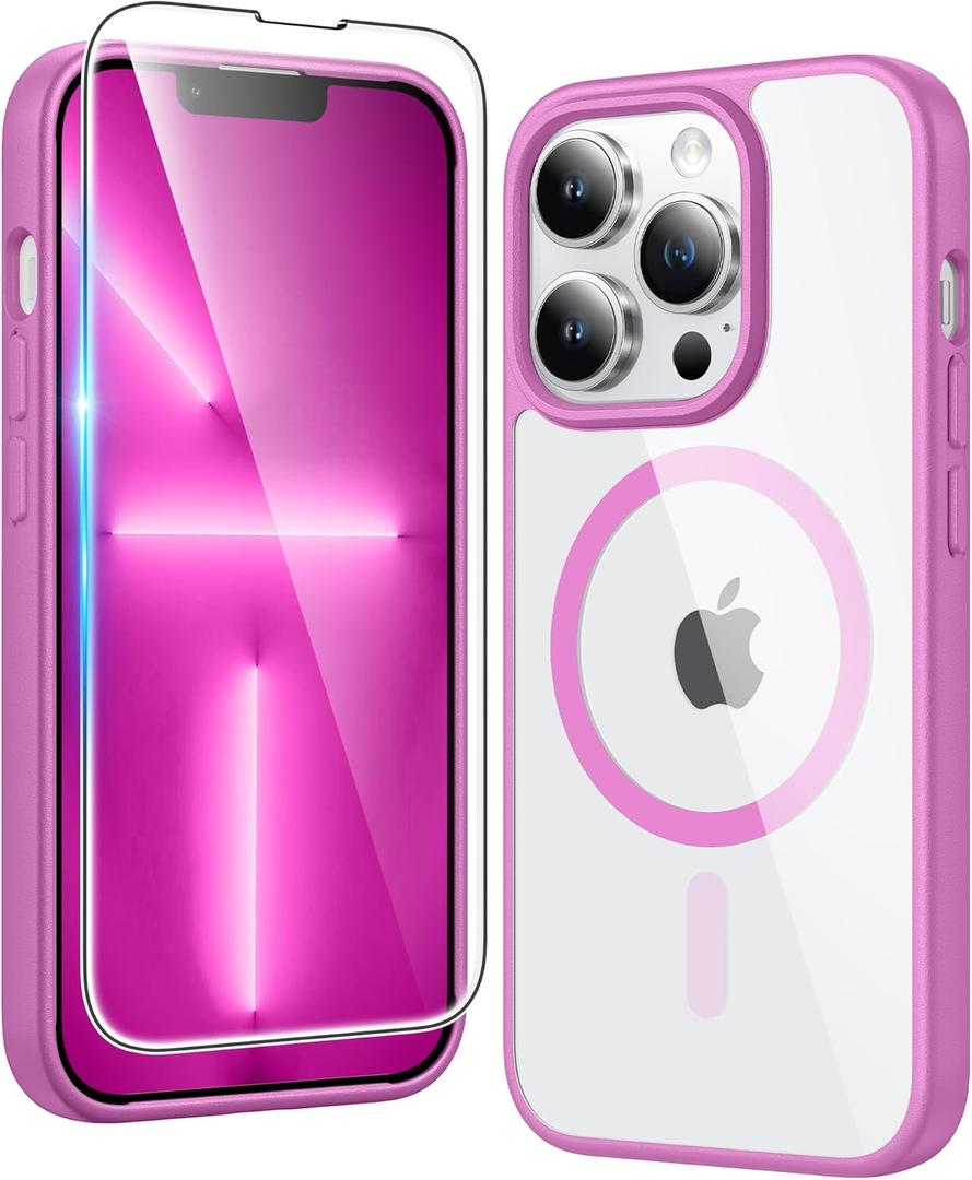 FNTCASE for iPhone 13 Pro Case: Clear Magnetic Phone Cases with Screen Protector Compatible with Magsafe Slim Anti Yellowing Rugged Shockproof Protective Transparent Cell Phone Cover (B-Pink)