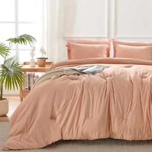 Queen Comforter Set 7 Pieces Bed in a Bag - Orange Queen Soft Bedding Set for All Seasons - Cationic Dyeing Bed Comforter Sets with Comforter, Flat Sheet, Fitted Sheet, Pillowcases & Shams