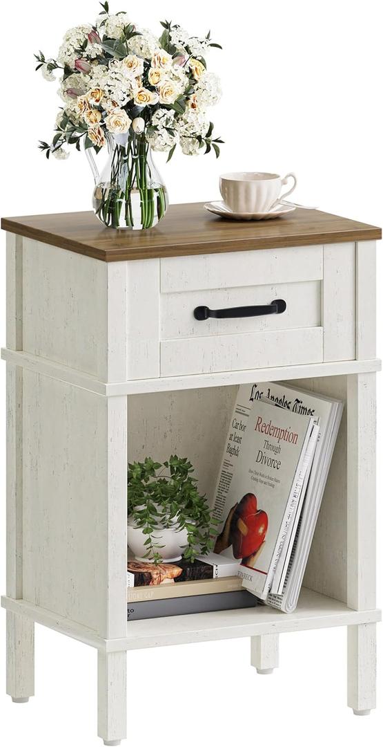 White Farmhouse Nightstand with Drawer, Small Wooden Bedside Table, White End Table, Bedroom Side Table with Storage, Rustic Wood Night Stand LET512WR