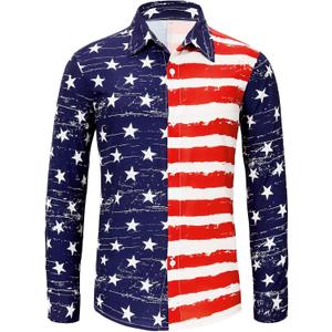 Zando Mens 70s Disco Shirt Retro Casual Button Down Disco Outfit Men Floral Vintage Long Sleeve Hip Hop Party Outfit Shirt (X-Large, American Flag)
