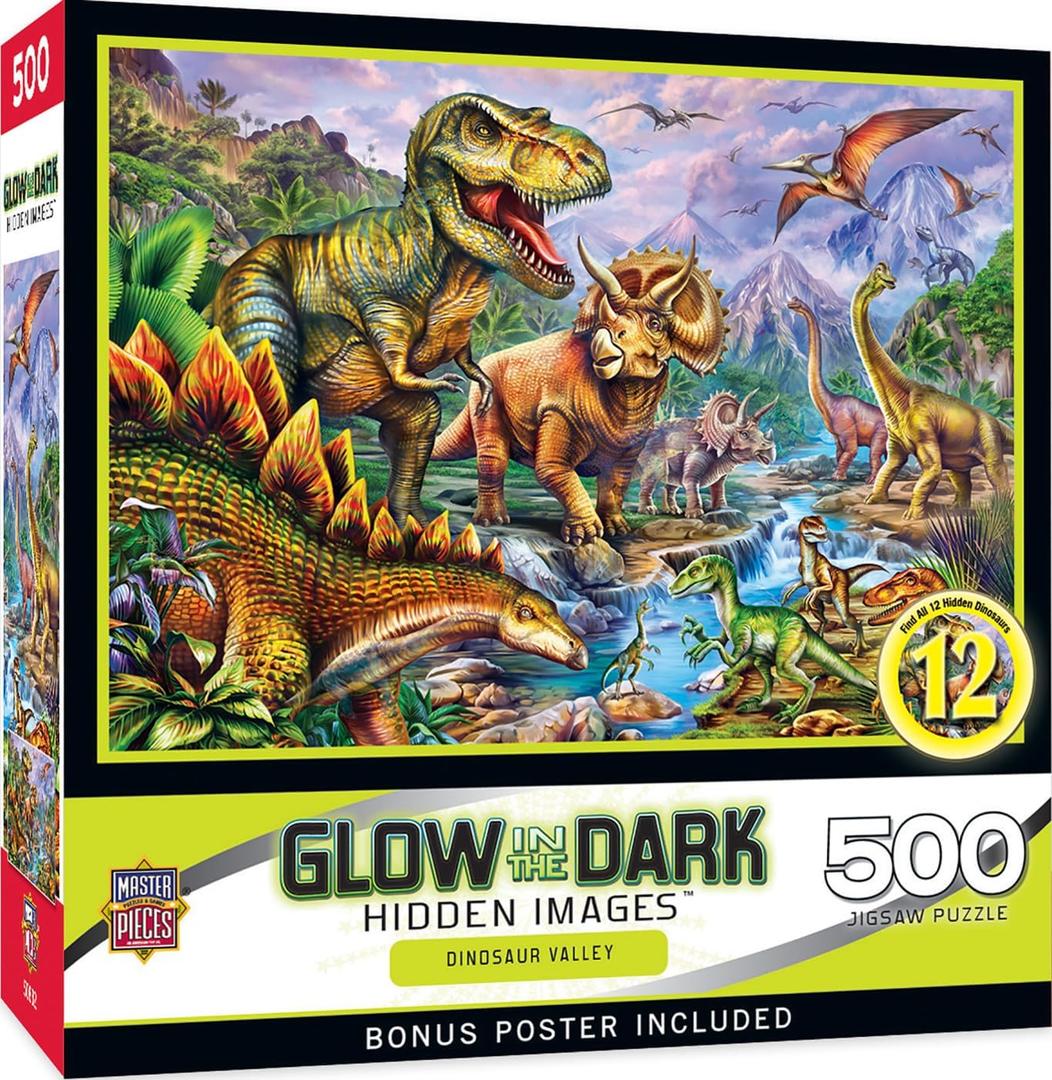 MasterPieces - 500 Piece Jigsaw Puzzle, Glows in The Dark, Hidden Images, Dinosaur Valley, Fun for Adults, Family, Kids, 15" x 21"