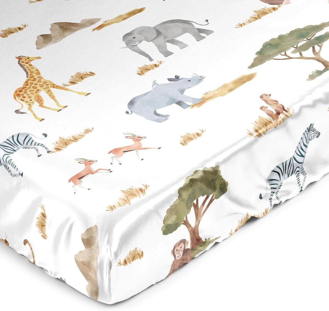 Sweet Jojo Designs Jungle Animals Boy Girl Gender Neutral Baby Satin Fitted Crib Sheet Infant Newborn Nursery Toddler Bed Room Standard Mattress Boho Wildlife Safari Gray Elephant Giraffe Lion Monkey
