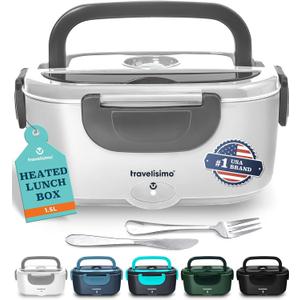 TRAVELISIMO Electric Lunch Box for Adults 100W Heated Lunch Box For Men 1.5L Stainless Steel Portable Food Warmer, 12/24/110V Electric Food Warmers for Travel & Work Loncheras Para Hombres de Trabajo (Gray)