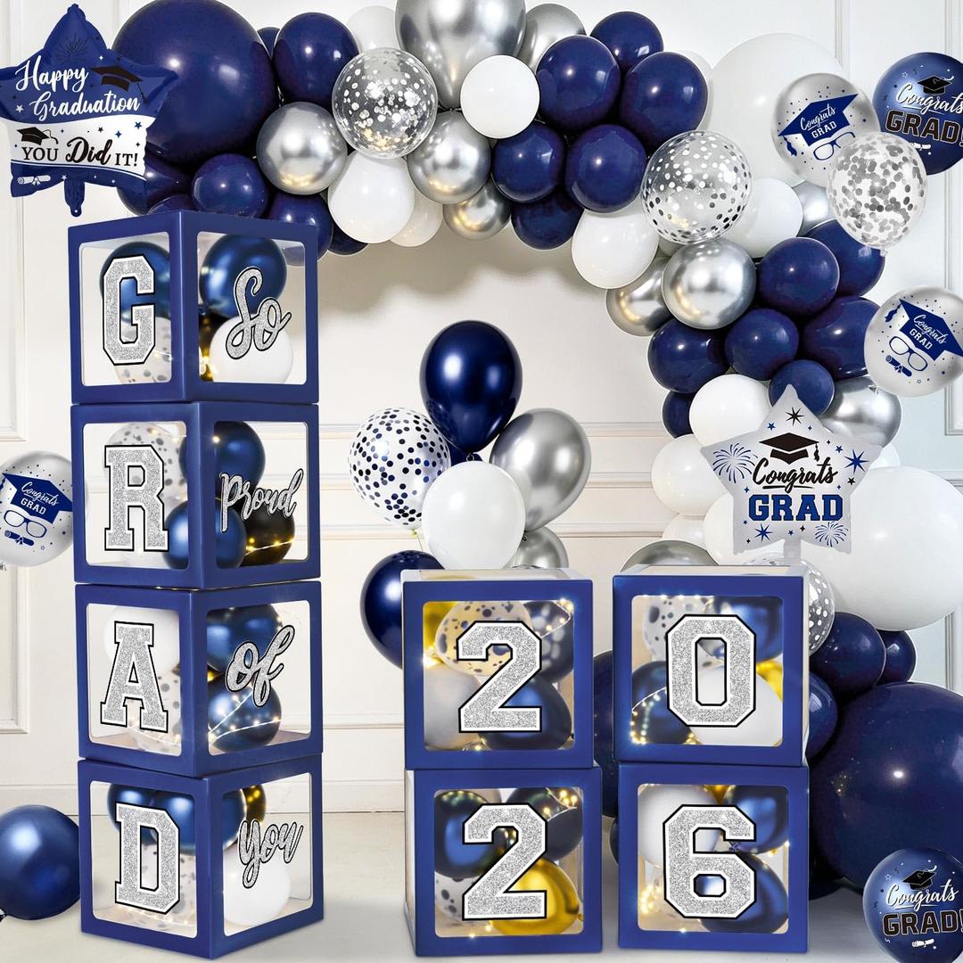 Navy Blue and Silver Graduation Decorations 2026 - Balloons Boxes with Letters 2026 GRAD So Proud of You, Congrats Grad Party Decorations for Any Grades