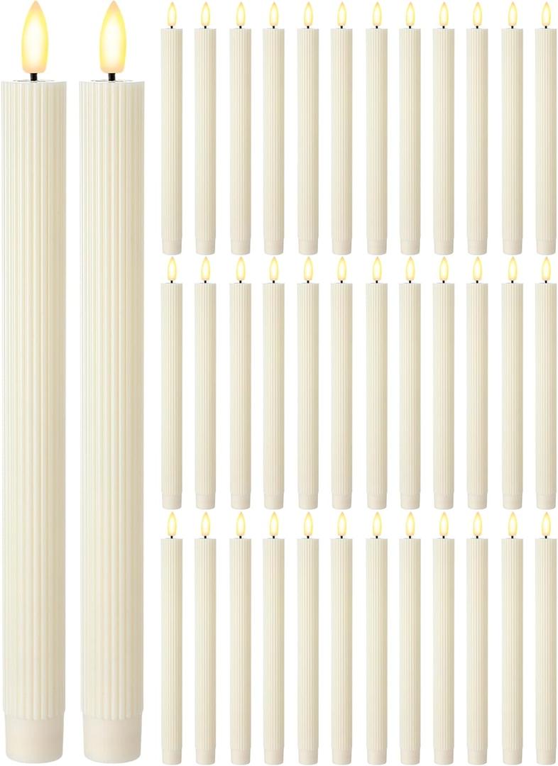 Treela 36 Pieces Flameless Taper Candles 11 Inch Flickering Faux LED Battery Operated Electric Fake Candles for Christmas Halloween Birthday Wedding Party (Ivory White,Vertical Stripes)