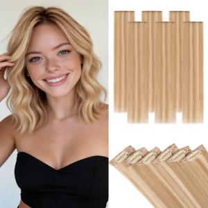 Hairro 6pcs Clip In Short Human Hair Extensions, Single Clip Design 100% Real Hair with Lace Weft, Seamless Thin Hairpieces Add Highlights, 12 Inch Short 33g #12P613 Golden Brown Mix Bleach Blonde