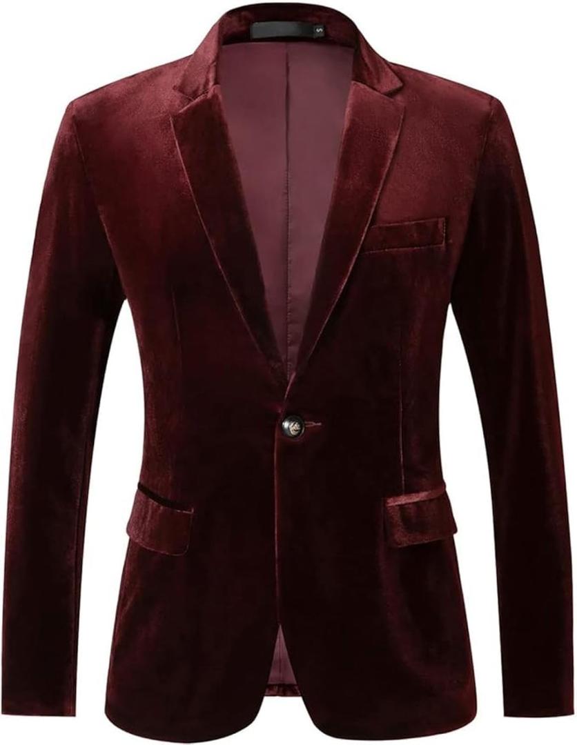 RONGKAI Mens Velvet Blazer Slim Fit Fashion Suit Jacket for Wedding Prom Dinner Party (X-Large, Wine Red)