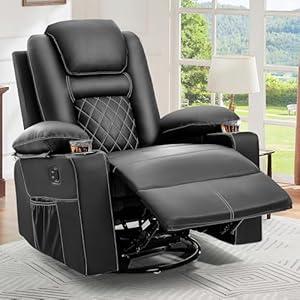 YITAHOME Recliner Chair,PU Rocking Chair for Adults,Swivel Recliner with Cup Holders,Heat and Massage,Single Sofa Seat with Side Pockets for Living Room/Bedroom