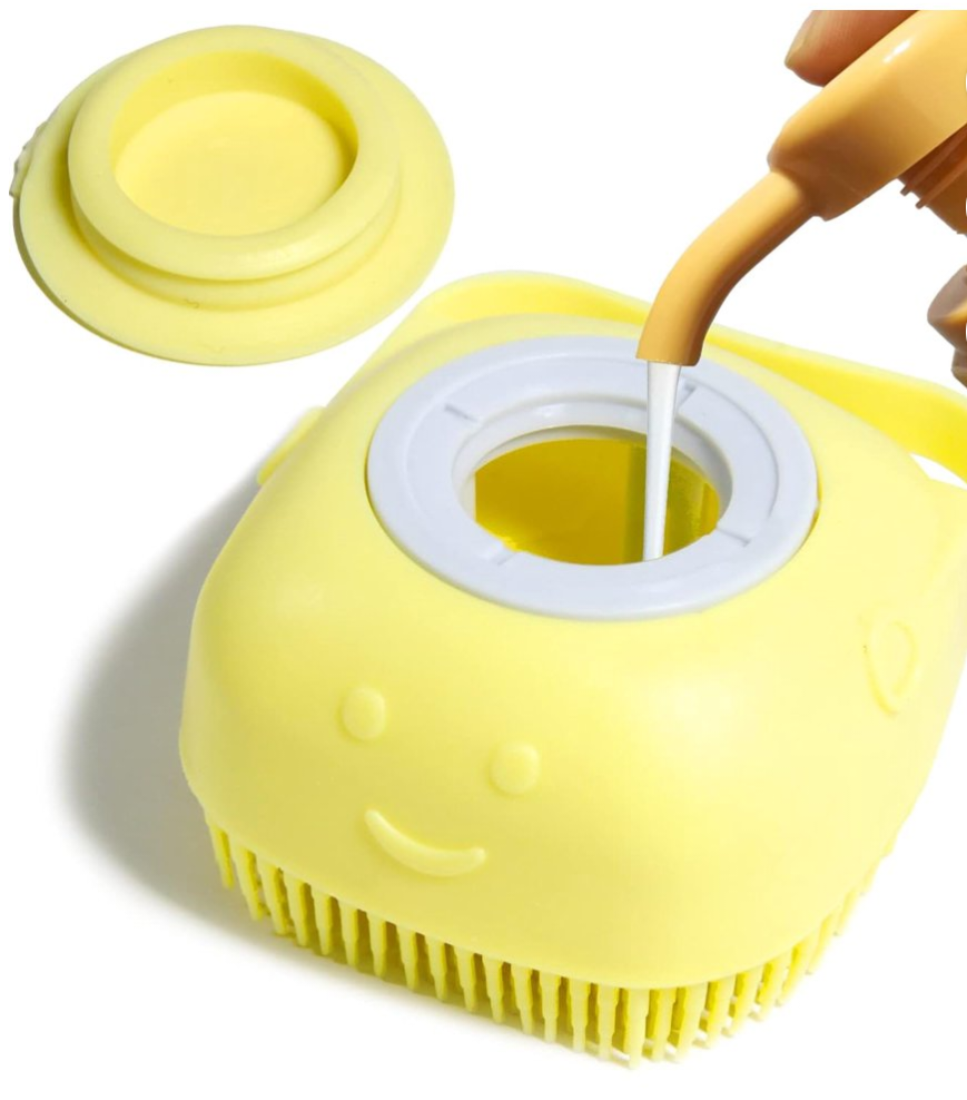 Pack of 2, Pet Bath Massage Brush with Soap Dispenser, Soft Silicone Grooming Tool for Dogs Cats, Yellow