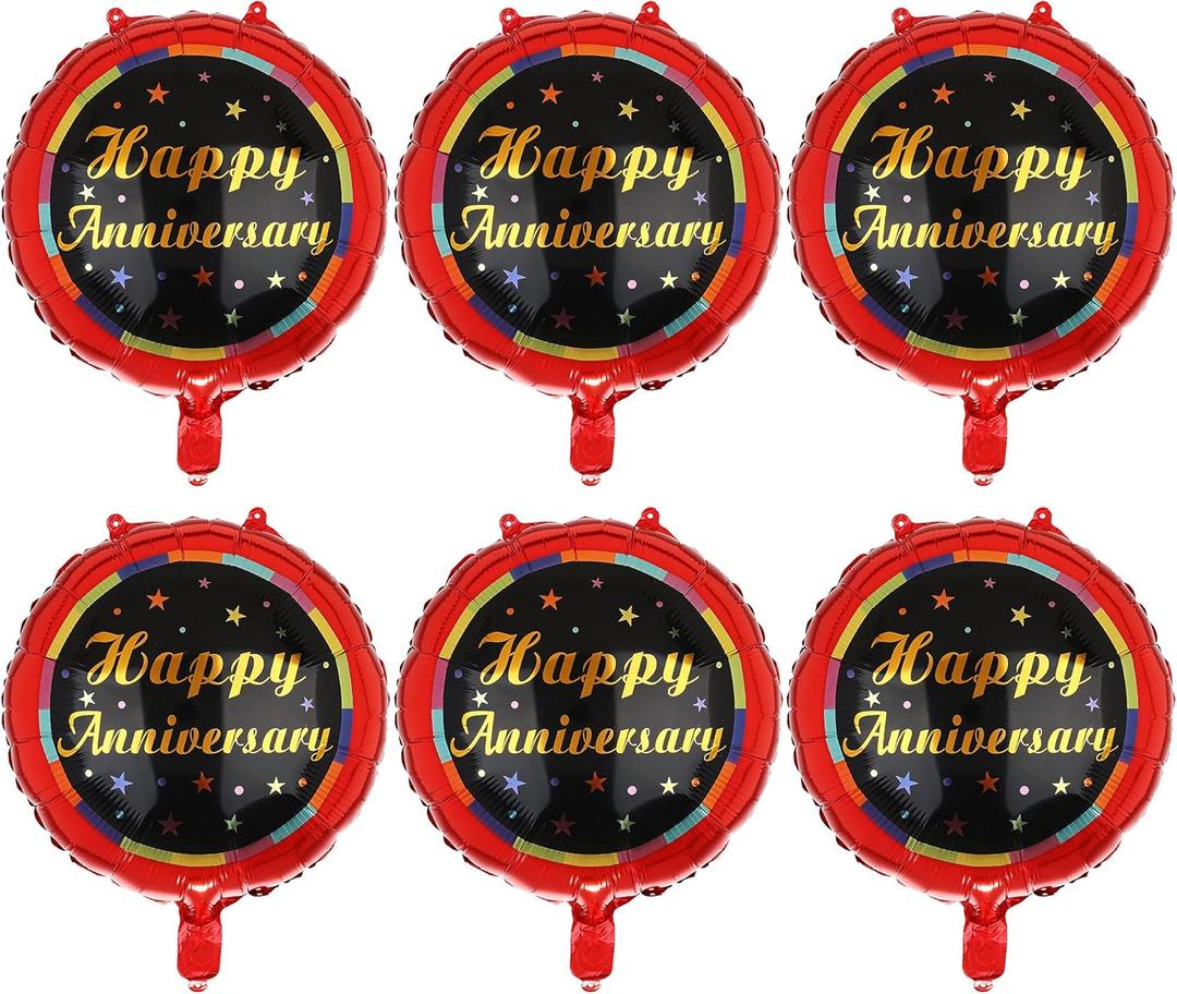 6 Pcs Happy Anniversary Mylar Balloons 18 Inch Round Foil Helium Balloon Birthday Engagement Wedding Celebration Anniversary Party Decorations Supplies Black Red (Big)