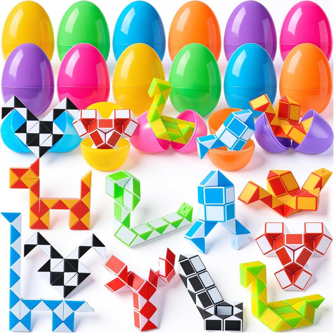 JOYIN 12 Pcs Prefilled Easter Eggs with Mini Snake Cubes Twist Puzzle Toys Snake Speed Cube for Kids Easter Party Favor Egg Hunt Classroom Exchange and Prize Supplies