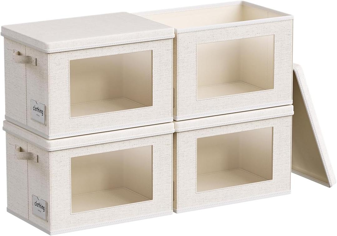 4-Pack Fabric Foldable Storage Bins Closet Storage Box with Window Decorative Storage Bins with Lids for Clothes, Closet, Living Room, Beige, 17 x 11.8 x 11.8"