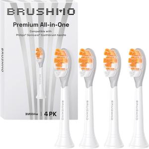 Brushmo All-in-One Replacement Toothbrush Heads, Compatible with Philips Sonicare Click-on Electric Toothbrush Handles, 4 Standard Replacement Heads, BM994, White
