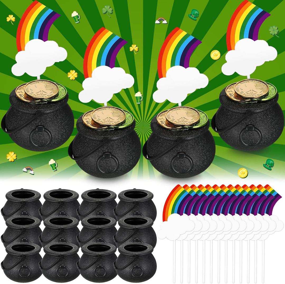 12 Pcs Mini Black Cauldron and 12 Pcs Cloud Rainbow Cake Toppers Cupcake Decorations Plastic Candy Kettles with Handle Plastic Small Cauldron for St Patricks Day Party Favor Leprechaun Supplies