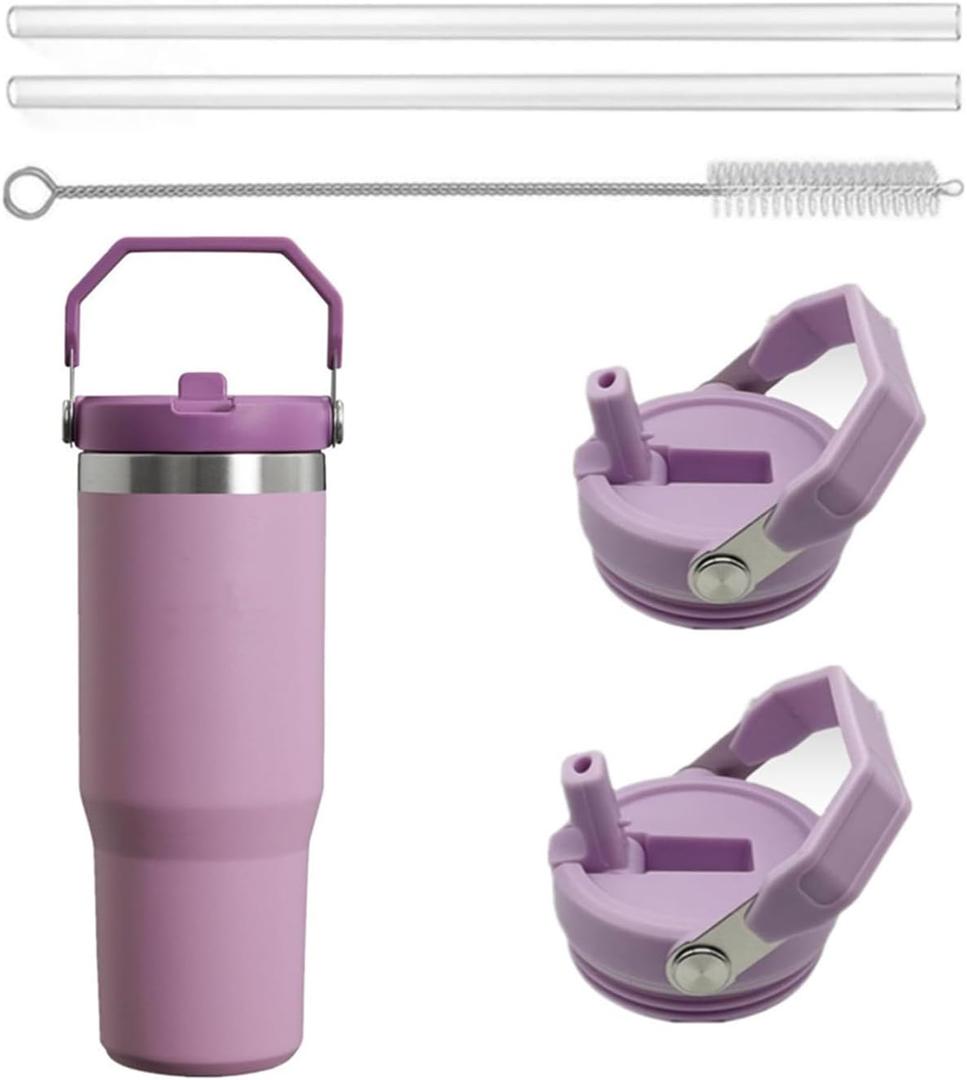 2Pack Replacement Tumbler Lid Fit for Stanley IceFlow 30 oz(Only) Flip Straw Lid, with 2Pcs Reusable Straws,1Pcs Cleaning Brush (Purple)