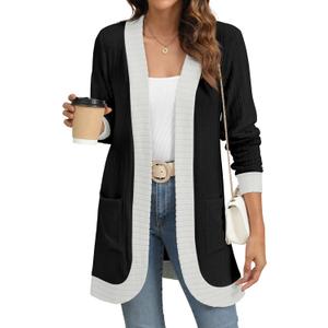 YSYOKOW Women Long Sleeve Open Front Cardigan Casual Lightweight Long Cardigans Loose Knit Outwear with Pockets (Black, XL)