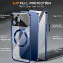 [Full Camera Protection& Mechanical Lock Magnetic Privacy Case for iPhone 15 Pro Max[Compatible with MagSafe] [CD Metal Ring] Full Body Metal Bumper, 9H Anti Peeping Glass Cover-Blue