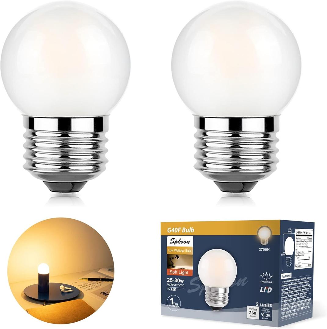 G40 Led Low Wattage Bulb 3W Equivalent 25 Watt Light Bulbs, Standard E26 Small Power, Frosted, Warm White 2700K, Dimmable for Bathroom Bedside Accent Lamps Appliance Bulb Refrigerator Pack of 2