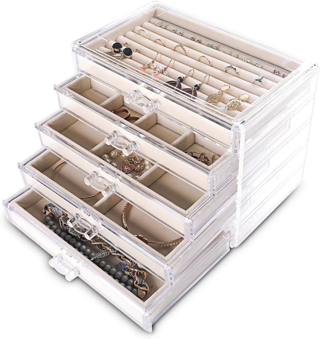 Frebeauty Extra Large Acrylic Jewelry Box for Women Girls 5 Layers Clear Velvet Earring Organizer with 5 Drawers Rings Display Case Necklaces Holder Tray (Beige) Frebeauty Extra Large Acrylic Jewelry Box for Women Girls 5 Layers Clear Velvet Earring Organizer with 5 Drawers Rings Display Case Necklaces Holder Tray (Beige)