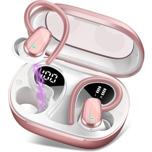 Wireless Earbuds, Bluetooth 5.4 Headphones Sport, Over Ear Buds with ENC Noise Canceling Mic, Deep Bass Stereo Ear Buds with Hook, 50H Playback, LED Display, IP7 Earphones for Workout, Rose Gold