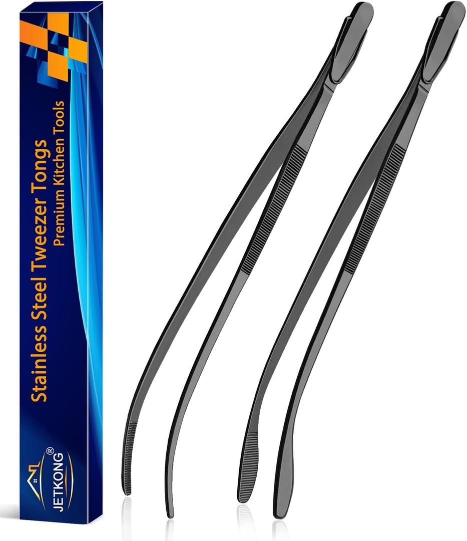 JETKONG 2 Pcs 12'' Curved Kitchen Tweezers Stainless Steel Long Tweezer Tongs Professional Chef Tweezers for Cooking, Grilling and BBQ (Black)