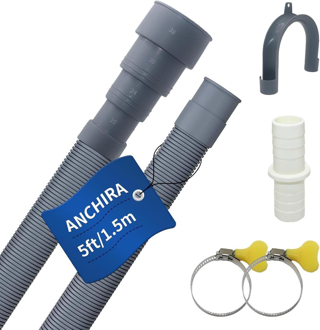 5 FT Washing Machine Drain Hose, Flexible Dishwasher Drain Hose Extension Kit, Universal Washer Drain Hose, Corrugated Washer Hose with 1 Adapter, 2 Hose Clamps, 1 U-Bend Hose Holder, Gray