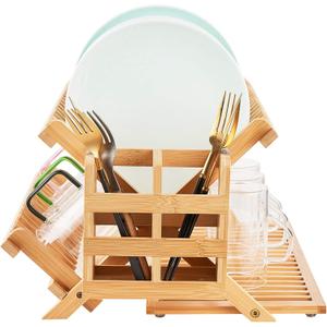 Bamboo Dish Drying Rack, 3 Tier Collapsible Wooden Dish Drainer Rack with Utensil Holder, Plate Rack for Kitchen Counter, Large Folding Drying Holder 51 pcs Grid