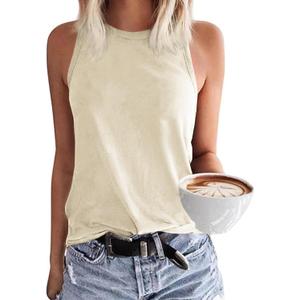 Langwyqu Womens' Crewneck Sleeveless Summer Casual Loose Fit Basic Shirts (Medium, Beige)