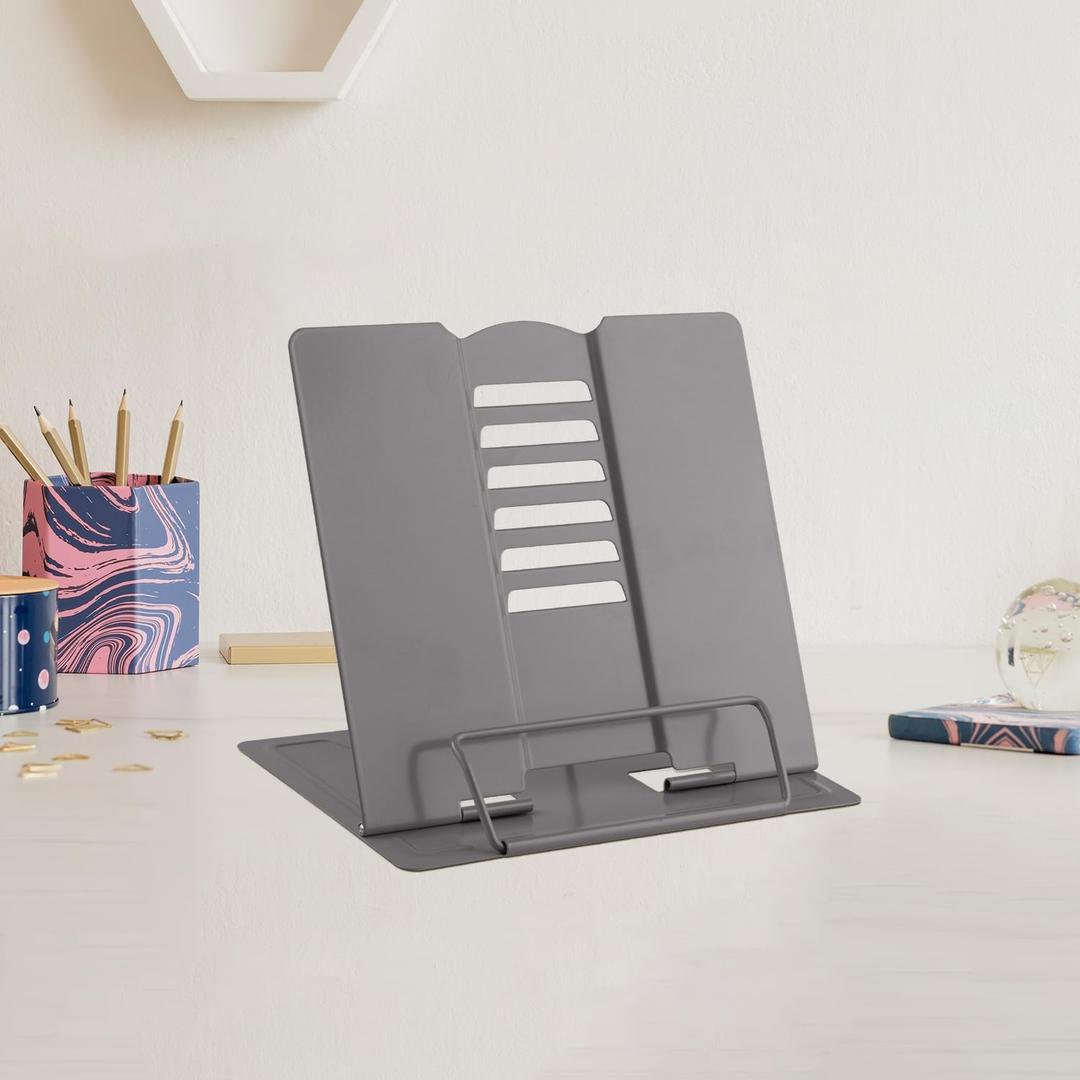 MSDADA Small Desk Book Stand Metal Reading Rest Book Holder Adjustable Cookbook Documents Holder Portable Sturdy Bookstands for Recipes Textbooks Tablet Music Books(Grey)