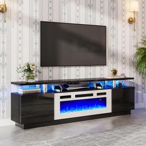 Modern Fireplace TV Stand with 36" Electric Fireplace, High Gloss Finish Media Console with Open Storage, LED Lights Entertainment Center for TVs Up to 80", Black/White (70")