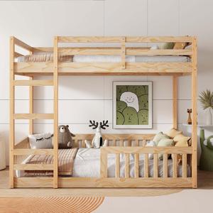 Ball & Cast Full Over Full Size Wooden Bunk Bed with Ladder and Guardrails,Low Floor Bunk Beds w/Slats Support,Space-Saving Multifunction Furniture for Apartment,Bedroom,Natural