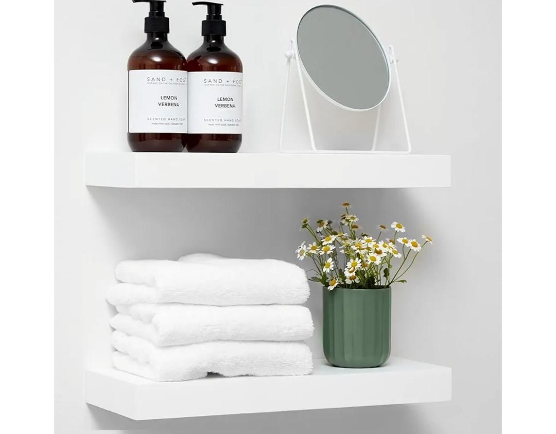 Homeforia White Floating Shelf 18 inch, High End Solid Real Wood 18inch Bathroom Floating Shelves for Wall Mounted, White Wooden 18in Floating Shelves, Heavy Duty Bracket, 18 X 6.5 X 1.75 in, Set of 2