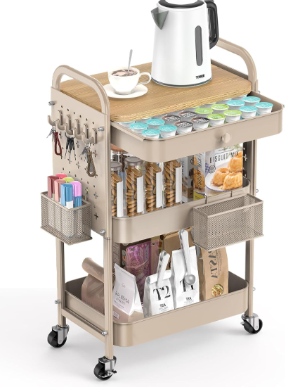 ALVOROG Rolling Cart with Drawer and Wood Table Top, 3 Tier Metal Rolling Utility Cart on Wheels with DIY Pegboards, Hanging Baskets, Hooks for Kitchen, Bedroom, Office, Craft Supplies