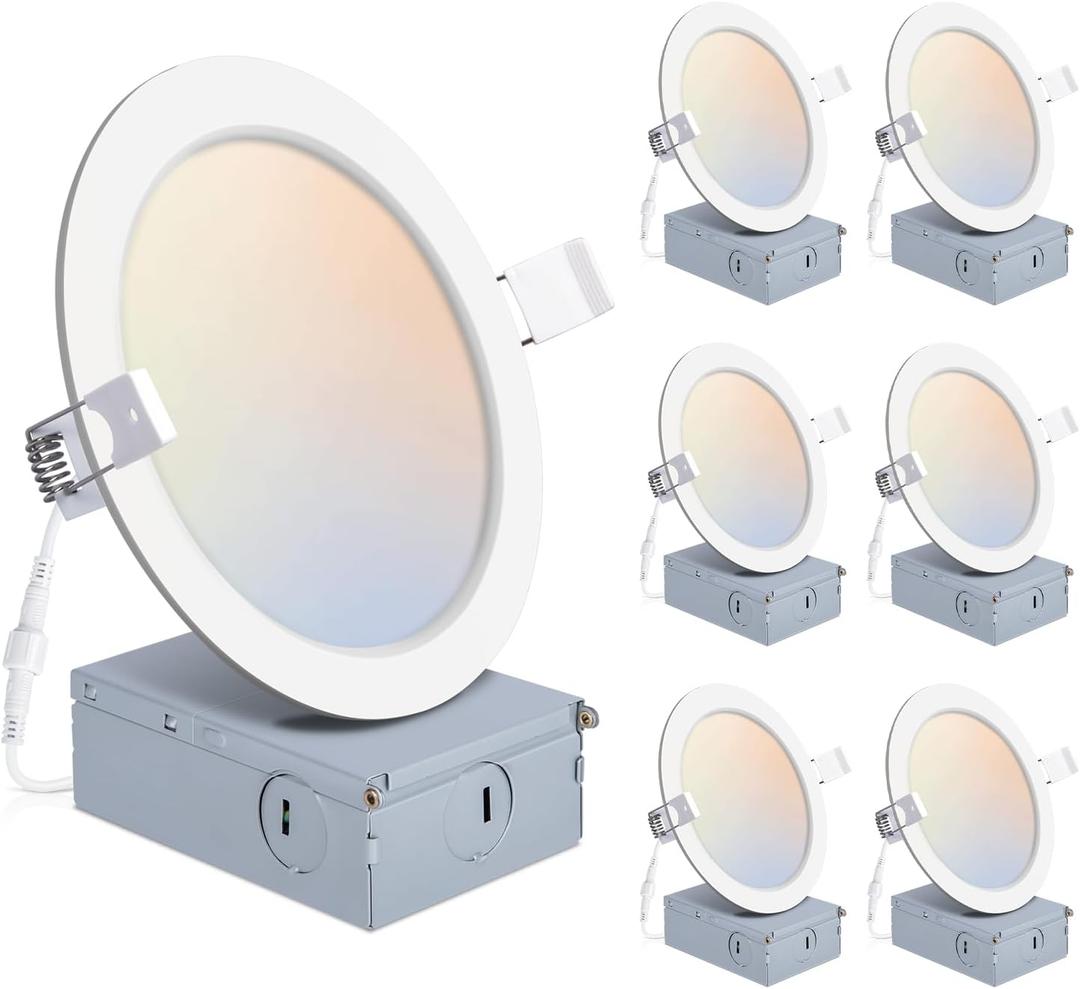 6 Pack 6 Inch LED Recessed Lights with Junction Box, Recessed Lighting 6 Inch 5CCT Dimmable 2700K-6000K,15W 1200lm Canless Downlight-ETL and Energy Star Certified