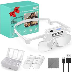 Magnifying Glasses with Lights,Rechargeable Hands Free Headband Magnifying Glasses for Close Work with 5 LEDs, 5X 3.5X 2.5X 1.5X Professional Jeweler's Loupe Lighted Magnifier,White