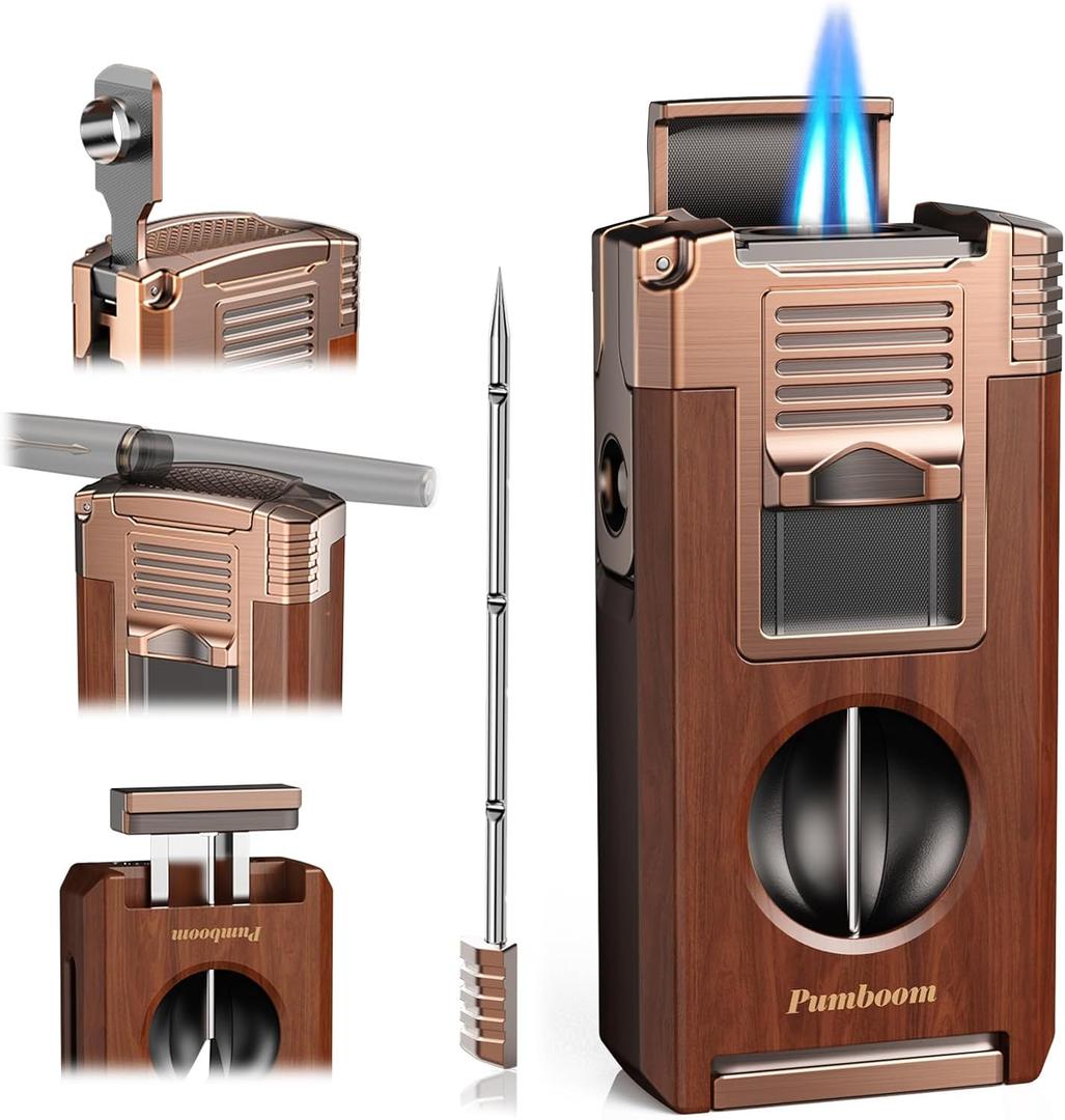 Torch Lighter with Cutter, Punch, Holder, Draw Enhancer Tool, and Dual Windproof Jet Flames, Refillable Butane Lighters with Gift Box, Multi-Function Lighter Accessories, Cool Lighters for Men (Yellow Peach Wood Grain)