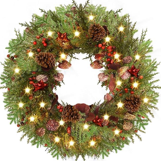 Rocinha 24'' Artificial Christmas Wreath with Lights, Red Berry & Pine Cones, Battery Operated Christmas Wreaths for Front Door, Window, Fireplace, Wall, Christmas Decorations for Indoor and Outdoor