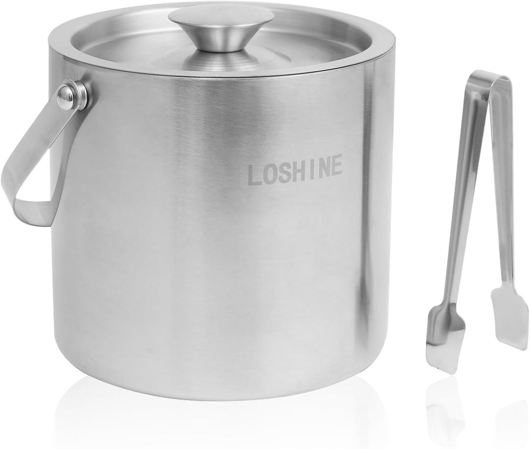3L Stainless Steel Ice Bucket with Lid and Tongs - Double Wall Insulated Wine & Champagne Chiller for Parties, Home Bar, Cocktails - Includes Meltwater Strainer (Silver)
