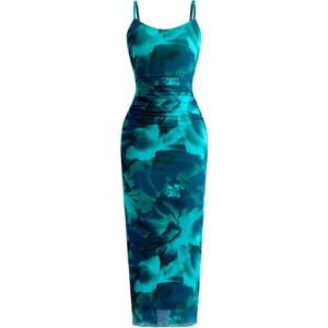 PRETTYGARDEN Summer Wedding Guest Dresses for Women 2025 Spaghetti Strap Mesh Bodycon Beach Floral Maxi Long Dresses (Medium, Floral Lake Blue)