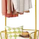 Tajsoon Laundry Cart with Wheels, Metal Rolling Laundry Hamper with Hanging Rack, Storage Basket and Shelf, Gold