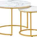 Round Nesting Coffee Table Set of 2, Modern Marble Pattern Wooden Nesting Tables, Stacking Minimalist End Table for Living Room Bedroom Small Space, White & Gold