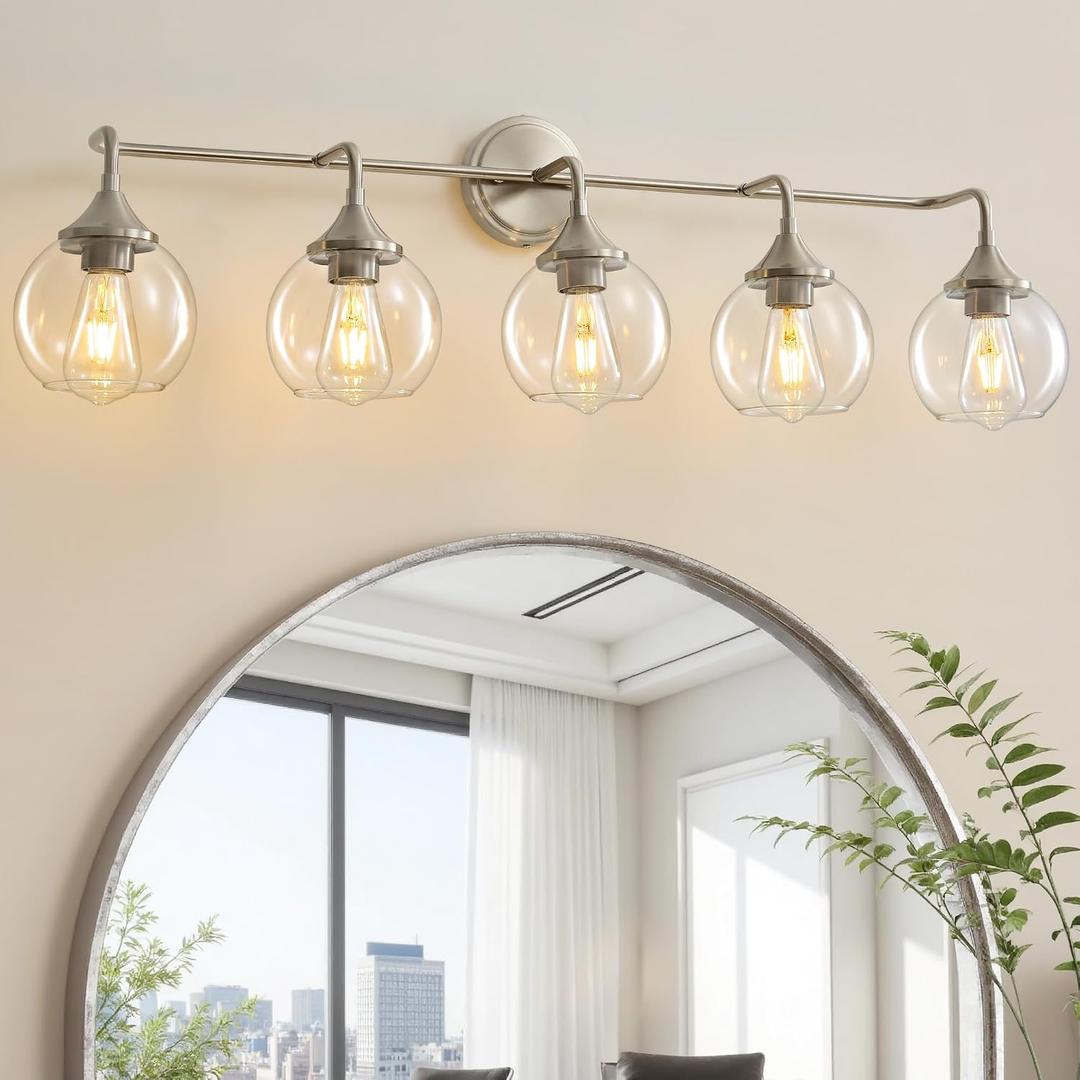 Bathroom Vanity Lights with Clear Glass Shade, E26 Base, Vanity Lighting Fixtures Over Mirror, 39 Inch Vanity Lights for Bathroom (Exclude E26 Bulb) (Brushed Nickel, 5-Lights)