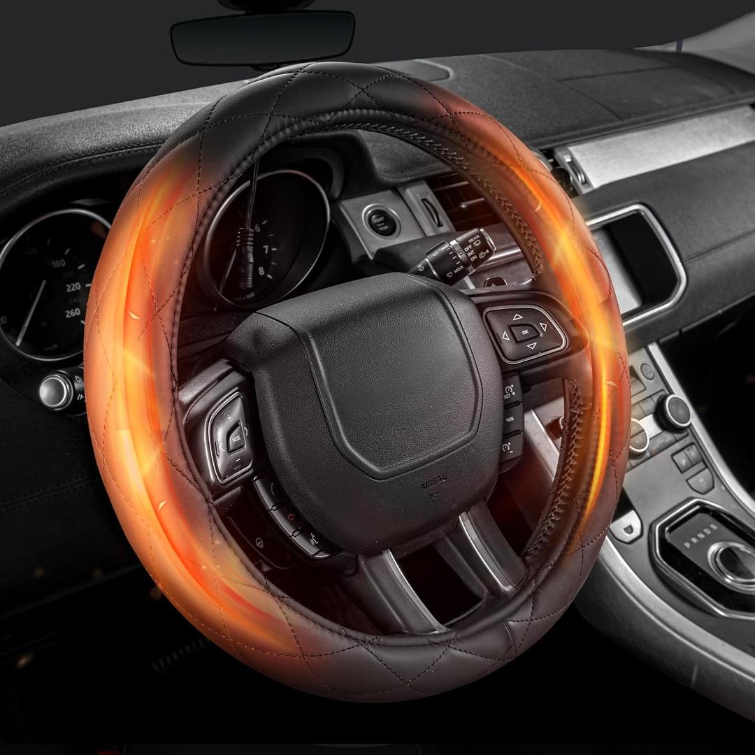 Heated Steering Wheel Cover: 3-Min 12V Quick Heating Leather with Overheat Protection, Non-Slip Grip  Fits 14.5-15.25 Wheels for Cars, SUVs(12V-Black)