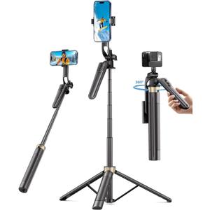 72" Phone Tripod, Tripod for iPhone with Wireless Remote Control, Portable Selfie Stick for iPhone, Live Streaming, Video Recording, Compatible with Cell Phones, Cameras (Deep Black)