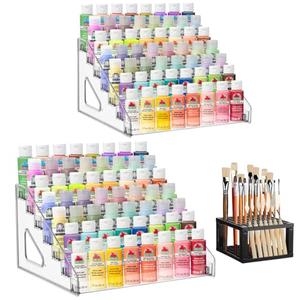 YEXEXINM 2 Pcs Clear Paint Organizer With Paint Brush Holder,7 Layers Acrylic Paint Organizer,Paint Storage Rack,Craft Paint Organizer Rack,Miniature Paint Holder for Paint Storage