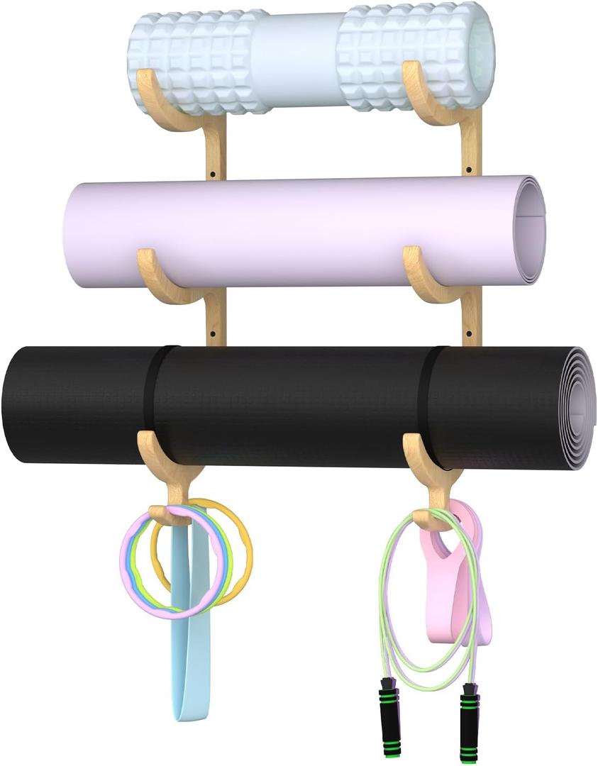 Wooden Yoga Mat Holder Wall Mount, Yoga Mat Storage Rack, Home Gym Equipment Organizer, Wall Mount Workout Storage Holder for Hanging Foam Rollers and Resistance Bands