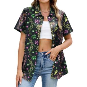 Fat Tuesday Shirts for Women Fat Tuesday Party Outfit Button Up New Orleans Themed Party Short Sleeve Tops (XXL)